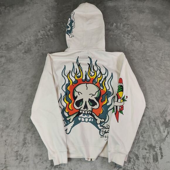 Don Ed Hardy Flame Skull Men's White Full Zip Up Hoodie Size Large - Picture 3 of 10